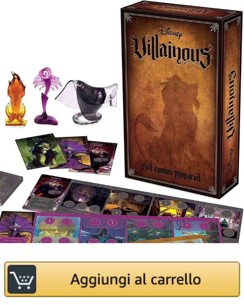 L'immagine mostra la scatola della seconda espansione di Disney Villainous Evil comes prepared con i componenti di gioco