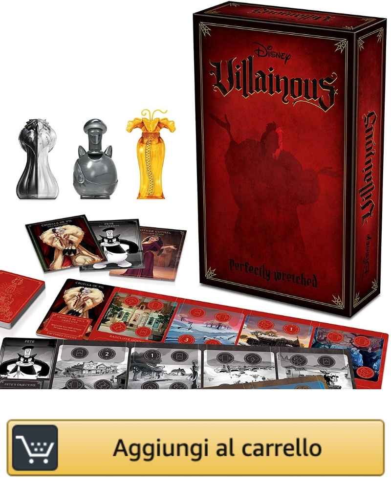 L'immagine mostra la scatola della terza espansione di Disney Villainous, Perfectly Wretched con i componenti di gioco