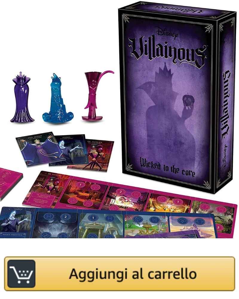 L'immagine mostra la scatola della prima espansione di Disney Villainous, Wicked to the core e i componenti di gioco